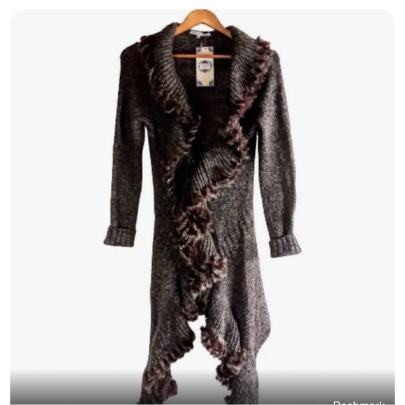 Tempo Paris Brown Rabbit Fur Trim Long Snap Sweater Coat s M/L worn once Cute! - Picture 5 of 9